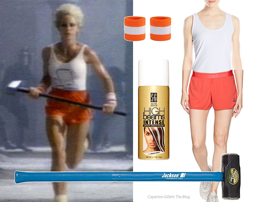 Collage of images: Screenshot from Apple's "1984" video with a blonde woman in a white tank top and orange shorts running with a sledgehammer, surrounded by images of a white tank top, orange shorts, a sledgehammer, orange terrycloth wristbands, and spray-on white haircolor