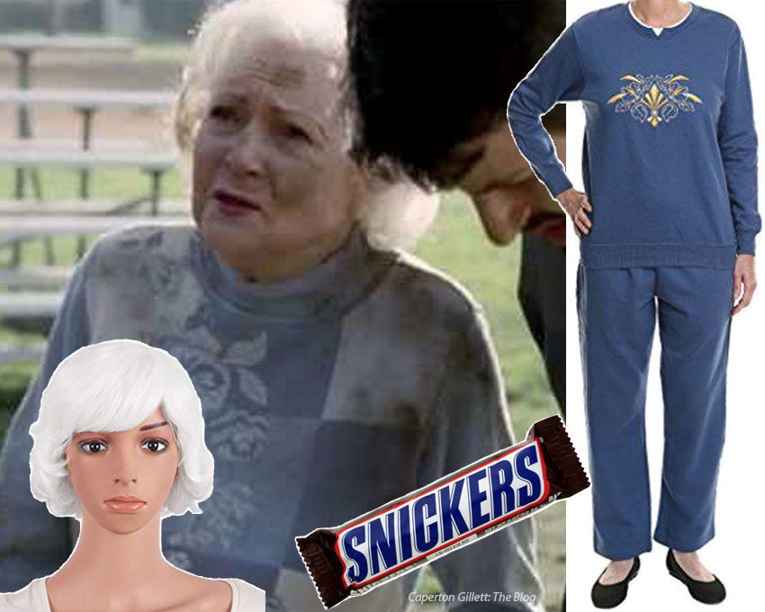 Collage of images: Screenshot from a Snickers commercial with a dirt-stained Betty White, surrounded by images of a blue embroidered sweatsuit, a white curly wig, and a Snickers bar