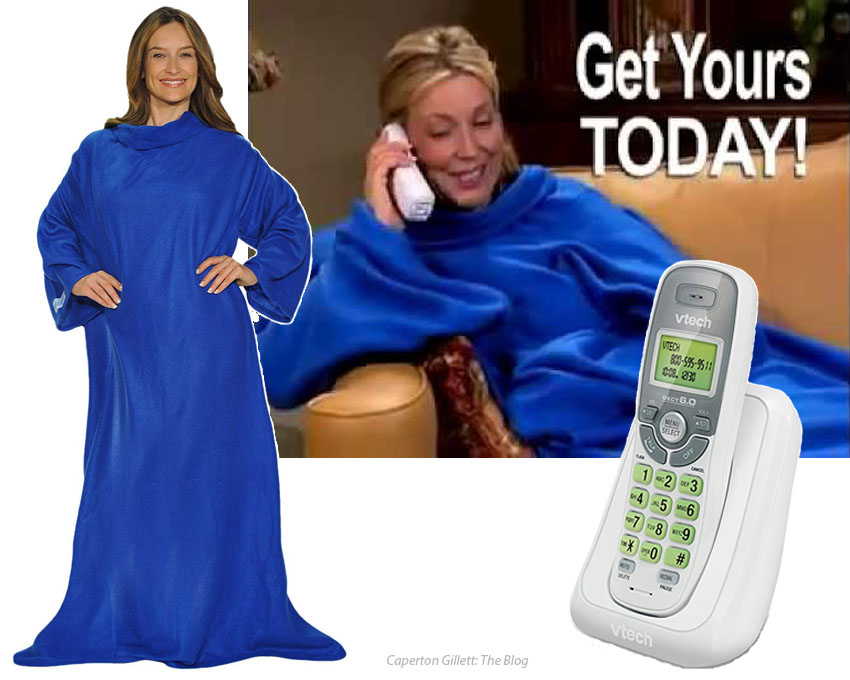 Collage of images: Screenshot from a Snuggie commercial with a woman wearing a blue Snuggie and talking on the phone and the words "Get Yours Today!" superimposed in white, surrounded by images of a woman standing up in a blue Snuggie and a white cordless phone