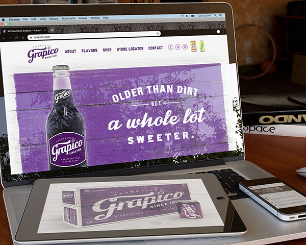 Screenshot from the Grapico 100th-anniversary website, showing on an iMac, accompanied by a shot of the new Grapico packaging on an iPad and a Grapico Facebook post on an iPhone