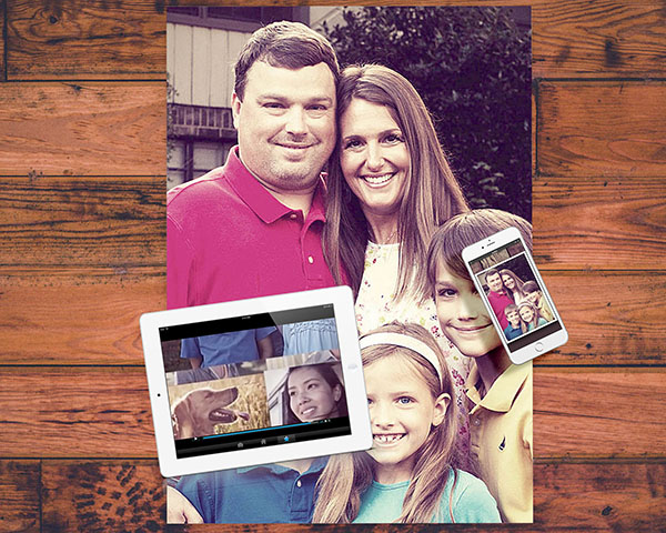 Cropped images of a smiling family in a poster, in an email on a phone, and in a video on a tablet