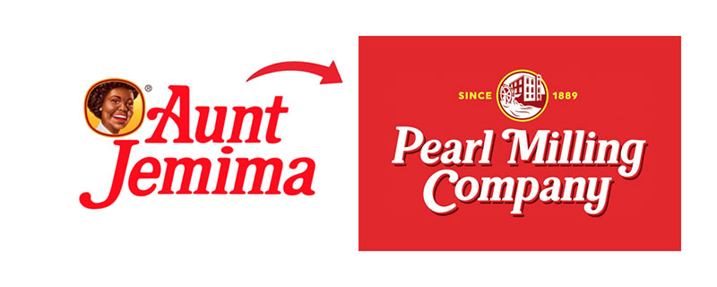 Two logos, side by side, with a curved red arrow pointing from the one on the left to the one on the right. On the left is the Aunt Jemima logo, with the face of a smiling Black woman against a yellow background in a red circle and the words “Aunt Jemima” in red, italicized, old-fashioned looking serif text. On the right is the Pearl Milling Company logo, against a red background, with the words “Since 1889” on either side of a line drawing of a factory in a circle over the words “Pearl Milling Company” in white in that same italicized, old-fashioned looking serif text.