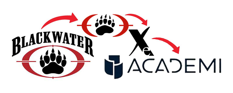 Four logos, arranged in an arch, with a curved red arrow pointing from each one to the next. The first one is the Blackwater USA logo, with the word “Blackwater” in all black capital letters in a bold serif font, over a horizontal red oval with lines at the top and sides to resemble crosshairs. In the middle of the oval is the image of a black bear paw print. The next one is the Blackwater Worldwide logo, showing the same red oval with the bear paw print, but now the lines at the top are gone to make it look less like crosshairs. The next one is the Xe logo, with the large letter X in a sans-serif font and the small letter e in white in the lower right leg of the X. The final one is the Academi logo, with the word “Academi” in all capital letters in black, with some of the letters disconnected in places, sitting to the right of some image that I honestly can’t even describe, except that it looks like a stylized image of three black pieces of paper standing on end to make a circle.