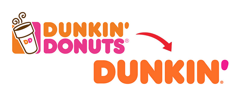 Two logos, side by side, with a curved red arrow pointing from the one on the left to the one on the right. On the left is the old Dunkin’ Donuts logo, with a stylized coffee cup with an orange and pink “DD” and the words “Dunkin’ Donuts” in orange and pink rounded capital letters. On the right is the new Dunkin’ logo, simply the word “Dunkin’” in orange rounded capitals with a pink apostrophe.