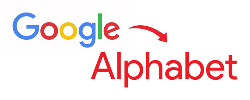 Two logos, side by side, with a curved red arrow pointing from the one on the left to the one on the right. On the left is the Google logo, with the word “Google” written in a simple, round, sans-serif font in blue, red, yellow, blue again, green, and red. On the right is the Alphabet logo, with the word “Alphabet” written in a similar, round sans-serif font, all in red. 