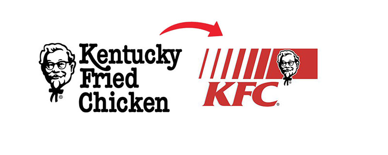 Two logos, side by side, with a curved red arrow pointing from the one on the left to the one on the right. On the left is the old Kentucky Fried Chicken logo, with a simple black-and-white line drawing of the face of a white-haired old man with a goatee and a string tie, next to the words “Kentucky Fried Chicken” in black in an old-timey serif text. On the right is the new KFC logo, with that same line drawing now on the right end of a red, broken line, above the letters “KFC” in a red, slightly serifed italic font.