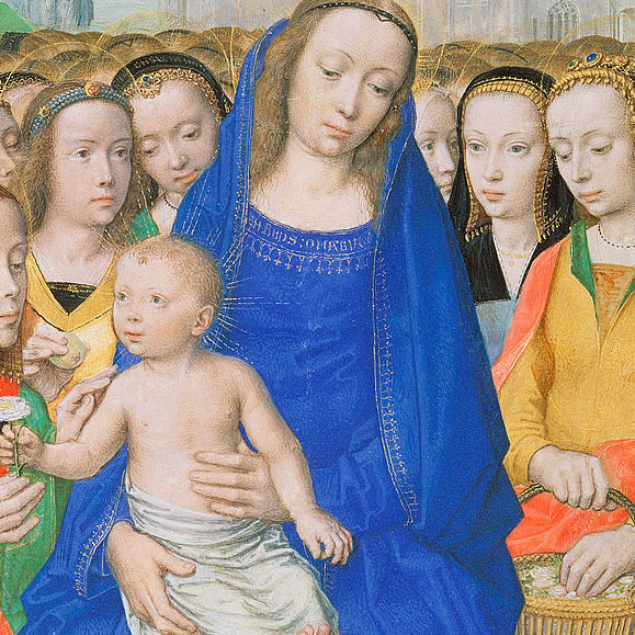 A cropped section of Gérard David’s “Virgin and Child with Female Saints,” painted in 1500. The painting shows a woman with long, blonde hair, wearing an intensely blue dress and headscarf with gold trim, holding a baby with his lower half wrapped in white fabric and a halo of gold lines around his head. A large crowd of people, spanning all the way to the back of the image, gathers around them, gazing adoringly at the baby.