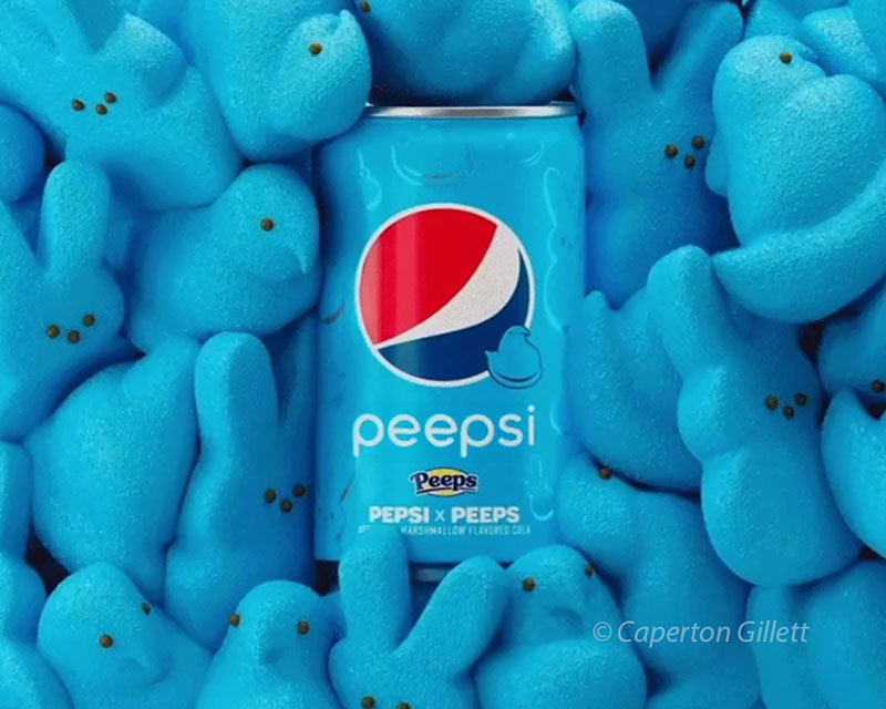 A parody of a brand image from the Pepsi/Peeps collaboration. The image shows a light-blue can with a Pepsi logo nestled in a bed of blue chick- and bunny-shaped marshmallow Peeps. But where the can originally said “Pepsi,” it now says, “Peepsi,” because of course it does. Below that are the Peeps logo and the words “Pepsi x Peeps.” A faint watermark in the corner indicates this manipulated image belongs to Caperton Gillett.