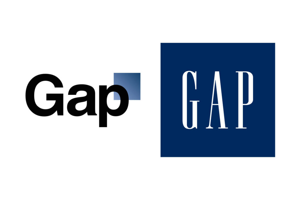 Gap logos, side by side. On the left is the word “Gap” in upper and lowercase in a sans-serif font, with a small blue square at the upper right side of the “P.” On the right is a dark-blue square, with the word “GAP” in all caps in a narrow serif font.