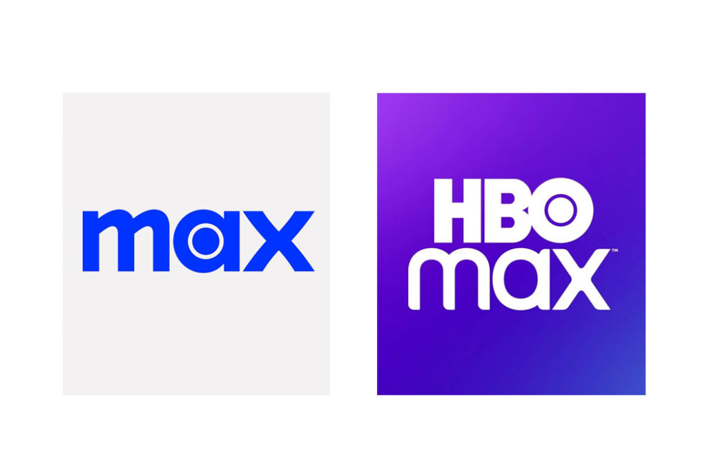 HBO Max logos, side by side. On the left is a gray box with the word “max” in it in blue, all lowercase, in a round sans-serif font. On the right is a purple box with the words “HBO max” in it, in white upper and lowercase letters in that same font.