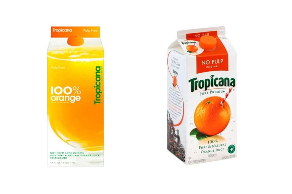 Tropicana orange juice cartons, side by side. The one on the left has an orange swoop and the word “Tropicana” in a modern, round font going up the right side of the carton. The one on the right has the word “Tropicana” in a curved, sans-serif font above an orange with a straw stuck in it.