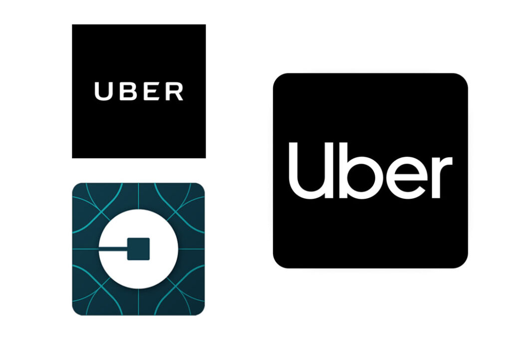 Uber logos, side by side. On the left are the logos via 2016, with one that’s just the white word “Uber” in all caps in a black box and one that’s a circle that looks like a backwards letter C on a green patterned background. On the right is the word Uber, now in upper and lowercase, in a black box with curved corners.