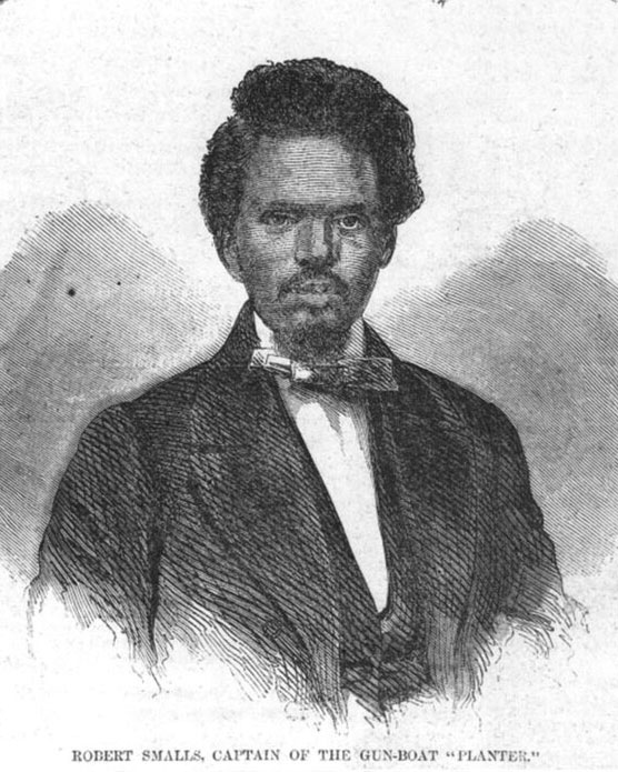 Black-and-white hand-drawn headshot of Captain Robert Smalls, circa the 1860s. He’s a black man with curly black hair and a black mustache, and he’s wearing a black suit jacket, black waistcoat, white shirt, and bowtie of indeterminate color because the drawing is black and white.