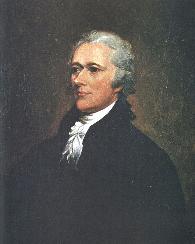 Oil painting of Alexander Hamilton, an older white man with a very straight and pointed nose, gray hair pulled back into a ponytail at the base of his neck, a black high-collared jacket, and a white cravat.