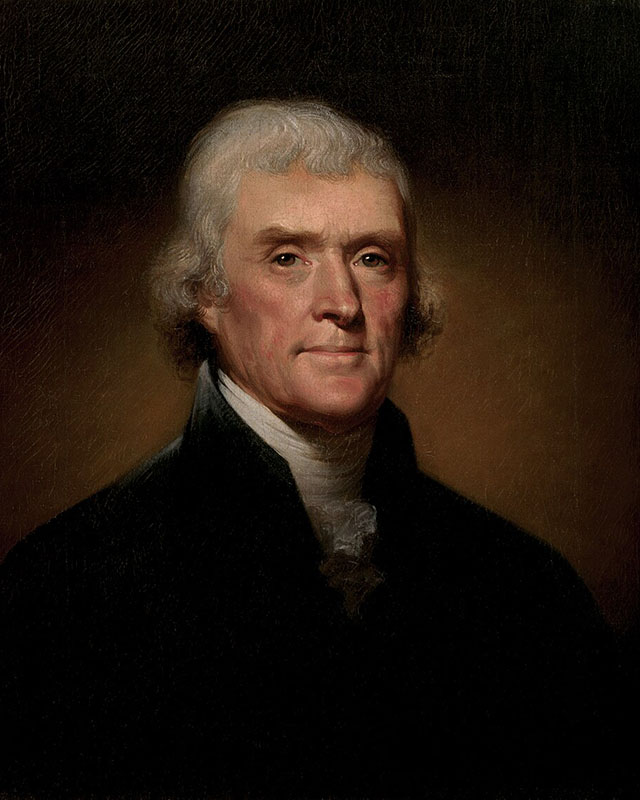 Oil painting of Thomas Jefferson, an old white man with gray hair curled on the sides, a black high-collared jacket, a tidily tied cravat, and a piercing expression.
