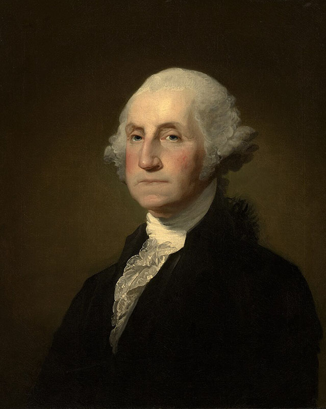 Oil painting of George Washington, an old white man with ruddy cheeks, gray hair curled on the sides, a black high-collared jacket, a ruffly white cravat, and a grumpy expression.