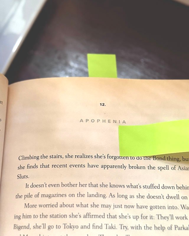 Cropped photo of an open book sitting on a dark wood bedside table. At the top of the page is the chapter number 12 and the chapter title “Apophenia.” A yellow-green paper tab sticks up out of the top, and another one is stuck to the page, just under the title. Below it is the opening text of the chapter, mostly cropped out on the right.