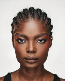 Headshot of a woman against a white background. She’s a medium-skinned Black woman with light eyes and fantastic cheekbones, staring boldly at the camera, wearing a black tank top, with dramatic eyeliner and tidy cornrows.